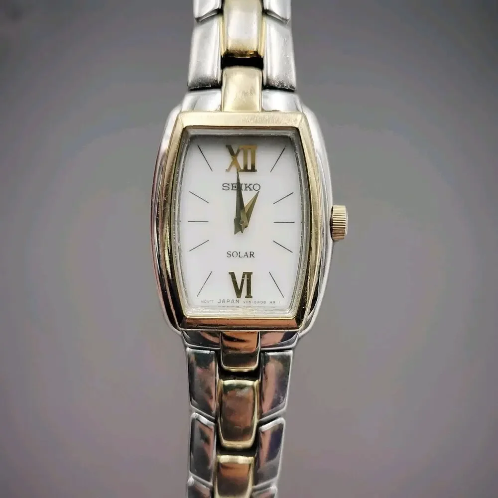 Vtg SEIKO Solar Watch Women 18mm White Dial Two Tone Rectangle V115-0AA0 JAPAN
